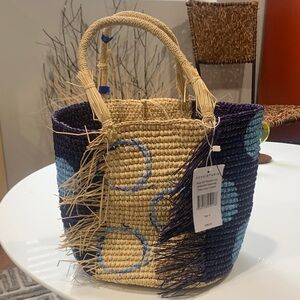 Artisan Straw Tote with Blue and Black Patterns